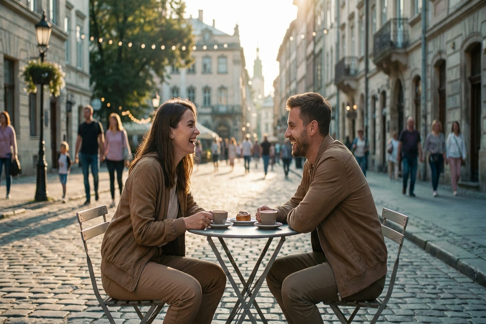 Um homem e uma mulher adultos conversando de forma natural e confortável numa mesa de café ao ar livre.